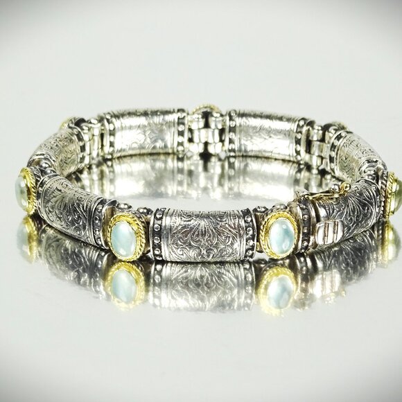 KONSTANTINO Sterling Silver 18K Yellow Gold Blue Stone Bangle Bracelet - Picture 4 of 11